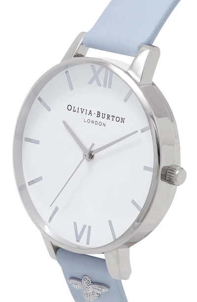 Shop Olivia Burton 3d Bee Leather Strap Watch, 38mm In Chalk Blue/ White/ Silver