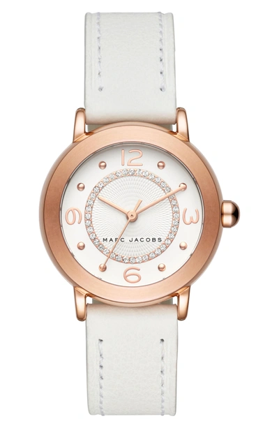 Shop Marc Jacobs Riley Leather Strap Watch, 29mm In White/ Rose Gold