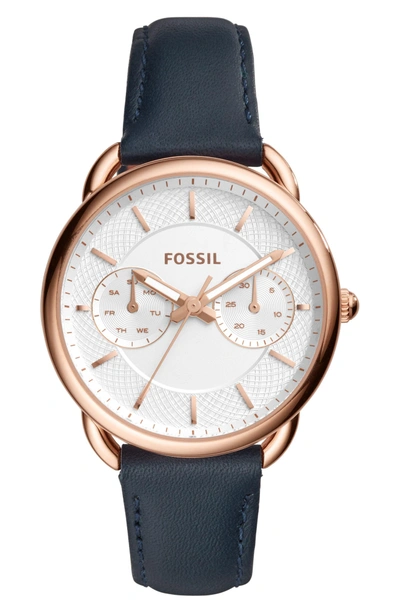 Shop Fossil Tailor Multifunction Leather Strap Watch, 35mm In Blue/ Silver/ Rose Gold