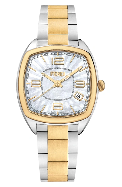 Shop Fendi Momento Square Bracelet Watch, 32mm In Silver/ Mop/ Gold