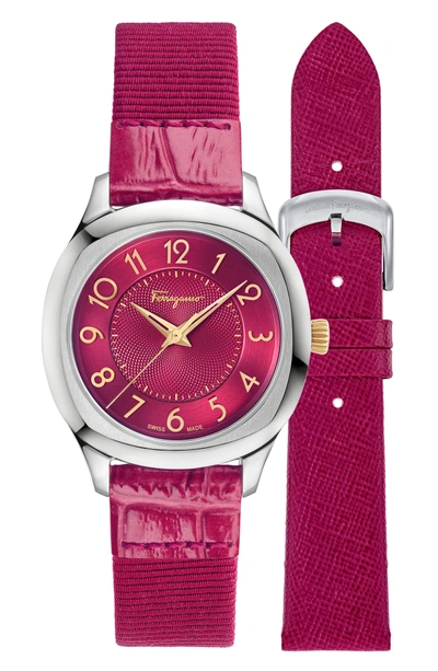 Shop Ferragamo Dual Leather Strap Watch, 36mm In Fuchsia/ Silver