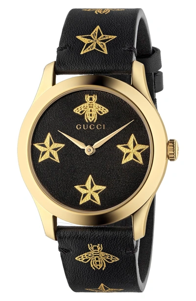 Shop Gucci G-timeless Leather Strap Watch, 36mm In Black/ Gold