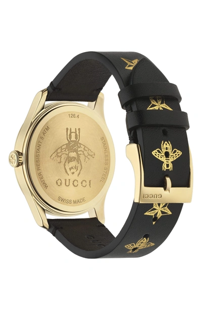 Shop Gucci G-timeless Leather Strap Watch, 36mm In Black/ Gold