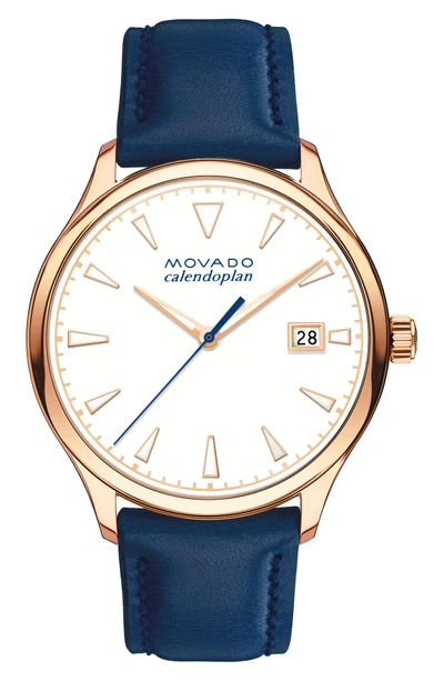 Shop Movado Heritage Calendoplan Leather Strap Watch, 36mm In Blue/ White/ Rose Gold