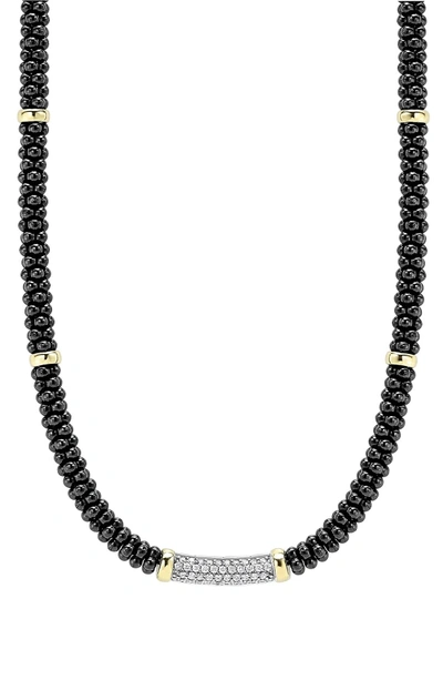 Shop Lagos 'black Caviar' 5mm Beaded Diamond Bar Necklace In Black Caviar/ Gold