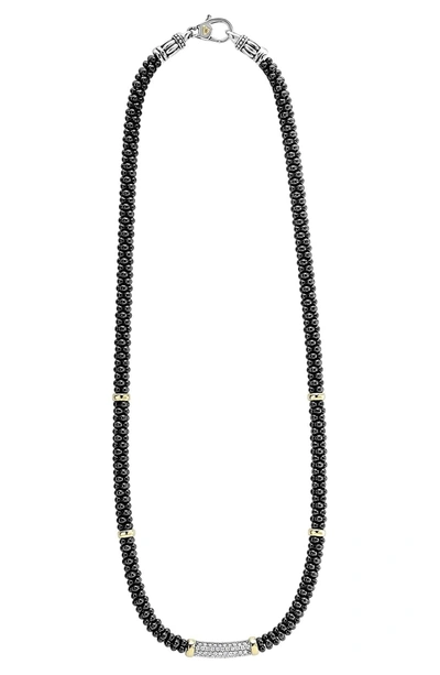 Shop Lagos 'black Caviar' 5mm Beaded Diamond Bar Necklace In Black Caviar/ Gold