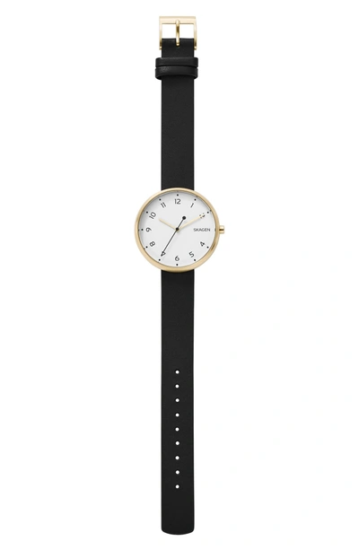 Shop Skagen Signatur Leather Strap Watch, 36mm In Black/ White/ Gold