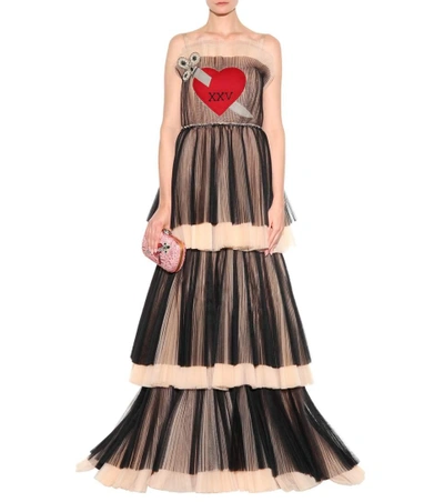 Shop Gucci Embroidered Tiered Tulle Gown In Black