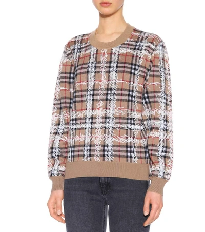 Shop Burberry Scribble Check Merino Wool Sweater In Brown