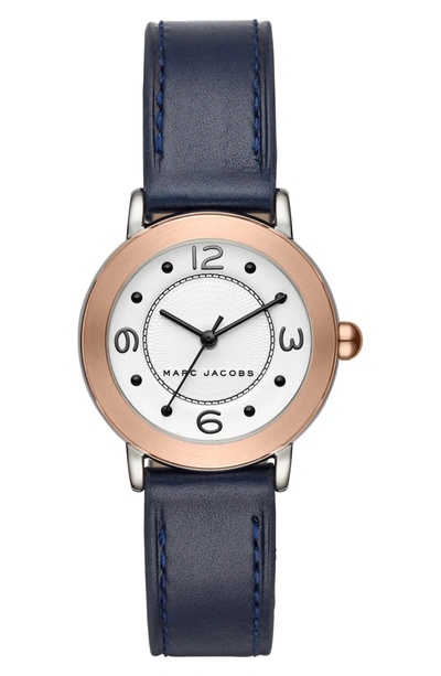 Shop Marc Jacobs Riley Leather Strap Watch, 28mm In Blue/ White/ Rose Gold