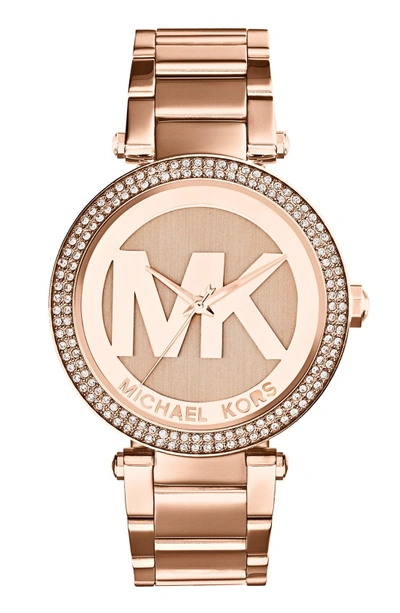 Shop Michael Kors Parker Logo Dial Bracelet Watch, 39mm In Rose Gold