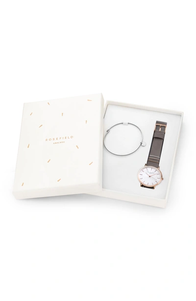 Shop Rosefield Holiday Leather Strap Watch & Bracelet Gift Set, 33mm In Grey/ Rose Gold/ Silver