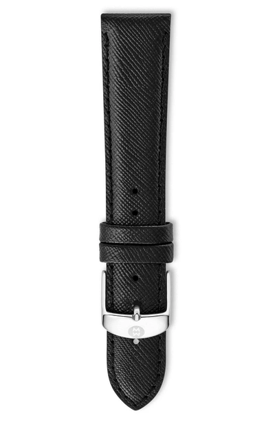 Shop Michele 16mm Saffiano Leather Watch Strap In Jet Black