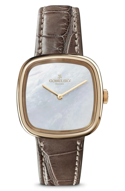 Shop Gomelsky The Eppie Sneed Mini Alligator Strap Watch, 32mm In Grey/ Mop/ Gold