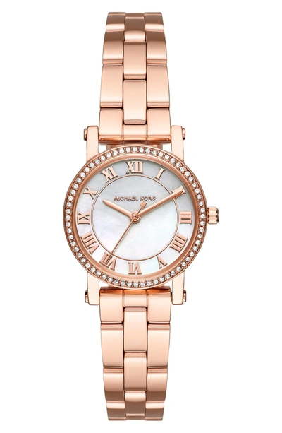 Shop Michael Kors Petite Norie Pave Bracelet Watch, 28mm In Rose Gold/ Mop/ Rose Gold