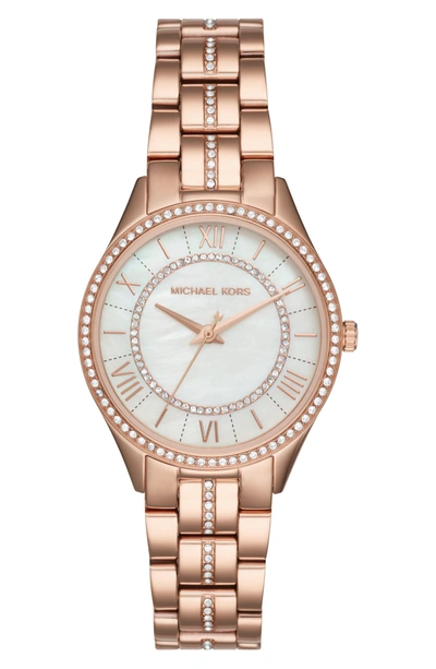 Shop Michael Kors Lauryn Crystal Bracelet Watch, 33mm In Rose Gold/ White/ Rose Gold