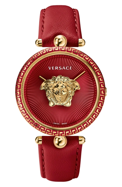 Shop Versace Palazzo Empire Leather Strap Watch, 39mm In Red/ Gold