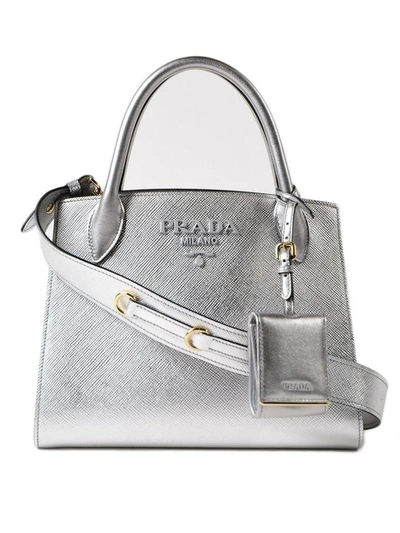 Shop Prada Leather Tote In Argento