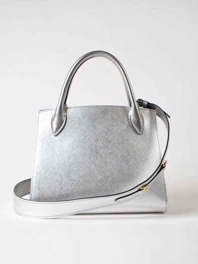 Shop Prada Leather Tote In Argento