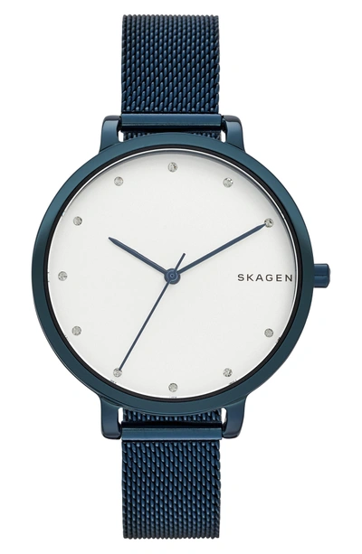 Shop Skagen Hagen Round Mesh Strap Watch, 34mm In Blue/ Silver/ Blue