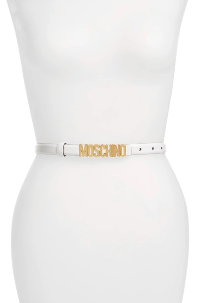 Shop Moschino Logo Plaque Skinny Leather Belt In White W/ Gold