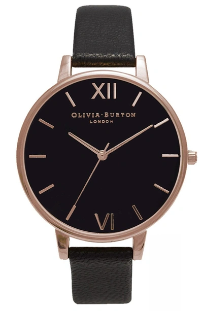 Shop Olivia Burton Big Dial Leather Strap Watch, 38mm In Black/ Black/ Rose Gold