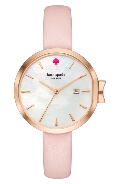 Shop Kate Spade Park Row Leather Strap Watch, 34mm In Vachetta/ Mother Of Pearl