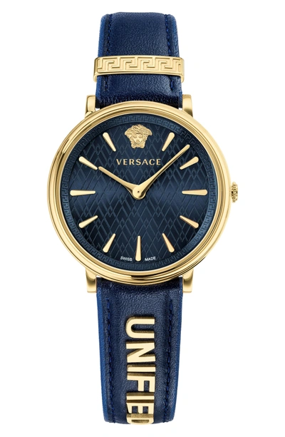 Shop Versace Manifesto Leather Strap Watch, 38mm In Blue/ Gold