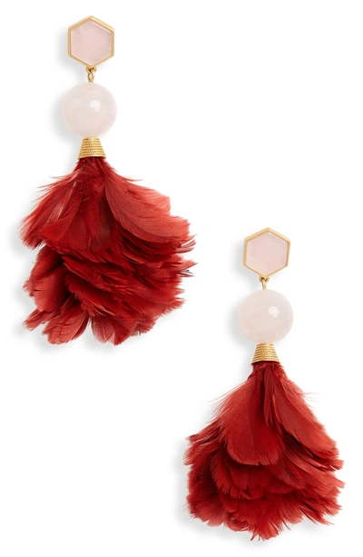 Shop Tory Burch Feather Drop Earrings In Tuscan Wine / Pink Quartz