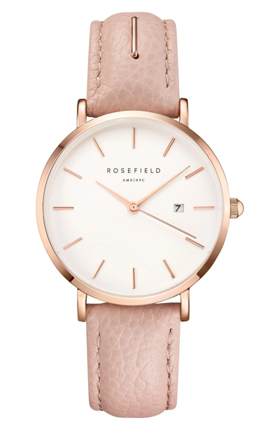Shop Rosefield The September Issue Leather Strap Watch, 33mm In Soft Pink/ Rose Gold