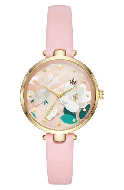 Shop Kate Spade Holland Leather Strap Watch, 34mm In Pink/ Floral/ Gold