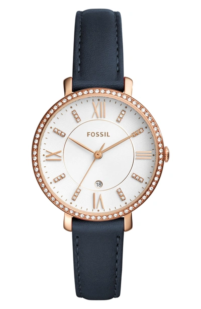 Shop Fossil Jacqueline Leather Strap Watch, 36mm In Navy/ White/ Rose Gold