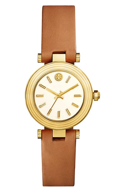 Shop Tory Burch Classic-t Leather Strap Watch, 30mm In Luggage/ Ivory/ Gold