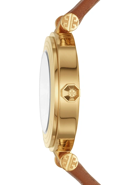 Shop Tory Burch Classic-t Leather Strap Watch, 30mm In Luggage/ Ivory/ Gold