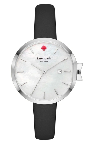 Shop Kate Spade Park Row Leather Strap Watch, 34mm In Black/ Mother Of Pearl/ Silver