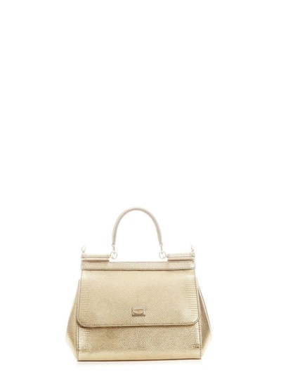 Shop Dolce & Gabbana Small Sicily Dauphine Leather Bag In Gold