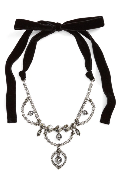 Shop Miu Miu Fume Imitation Pearl & Ribbon Statement Necklace In Dark Grey