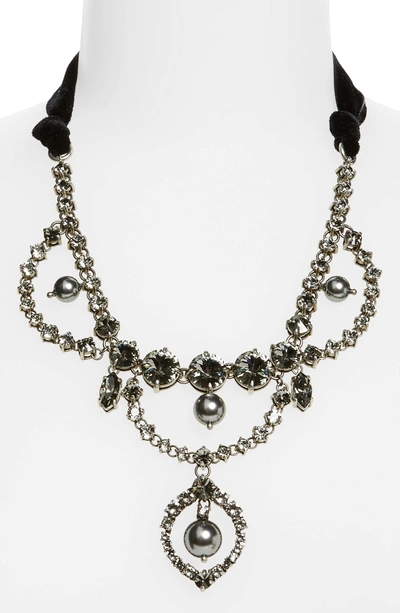 Shop Miu Miu Fume Imitation Pearl & Ribbon Statement Necklace In Dark Grey
