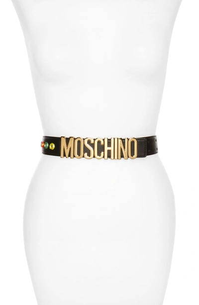 Shop Moschino Patti Logo Plate Leather Belt In Black