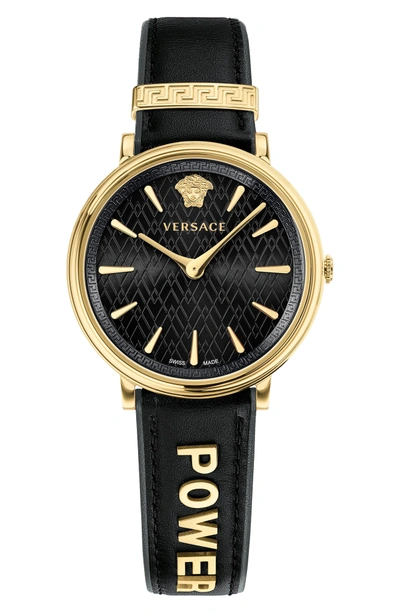 Shop Versace Manifesto Leather Strap Watch, 38mm In Black/ Gold
