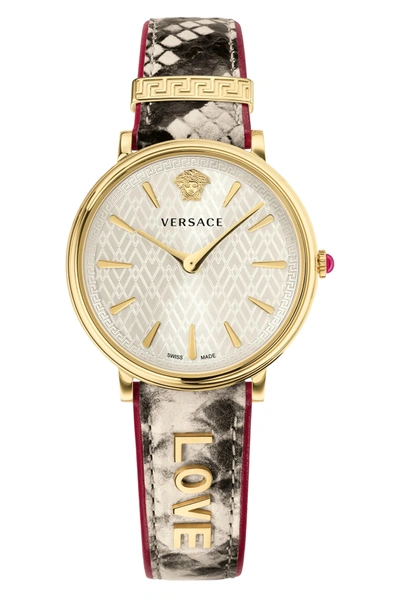 Shop Versace Manifesto Leather Strap Watch, 38mm In Snake/ White/ Gold
