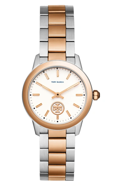 Shop Tory Burch Collins Two-tone Bracelet Watch, 32mm In Silver/ Ivory/ Rose Gold