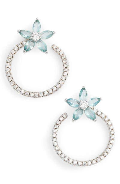 Shop Nina Front To Back Floral Hoop Earrings In Silver/ Light Blue/ White Cz