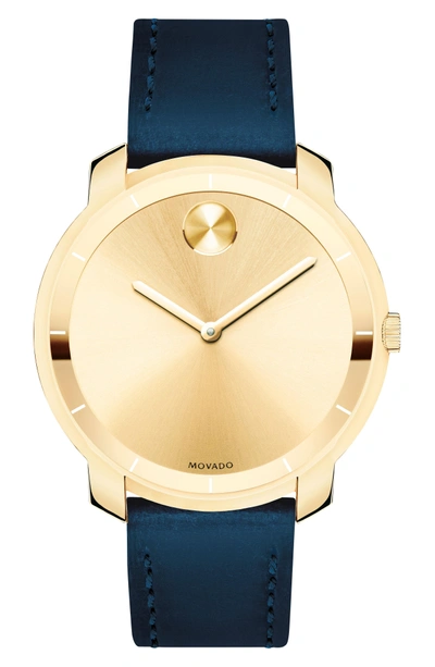 Shop Movado Bold Thin Leather Strap Watch, 36mm In Navy/ Gold