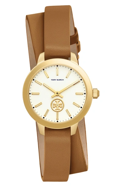 Shop Tory Burch Collins Double Wrap Leather Strap Watch, 32mm In Luggage/ Ivory/ Gold