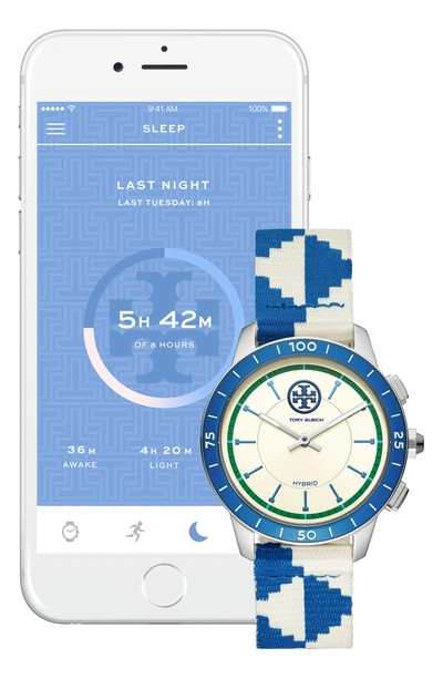 Shop Tory Burch The Collins Hybrid Woven Strap Smart Watch Set, 38mm In Blue/ Beige/ Silver