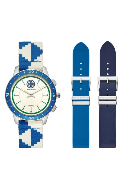 Shop Tory Burch The Collins Hybrid Woven Strap Smart Watch Set, 38mm In Blue/ Beige/ Silver