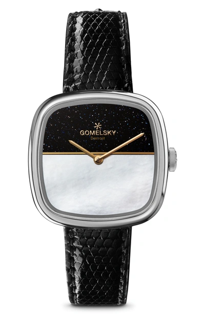 Shop Gomelsky The Eppie Sneed Mini Lizardskin Strap Watch, 32mm In Black/ Mop Sandstone/ Silver