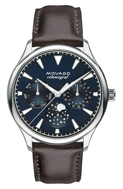 Shop Movado 'heritage' Multifunction Leather Strap Watch, 36mm In Brown/ Blue/ Silver