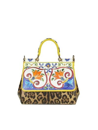 Shop Dolce & Gabbana Sicily Shoulder Bag In Dauphine Leather With Maiolic In Majolica - Lily